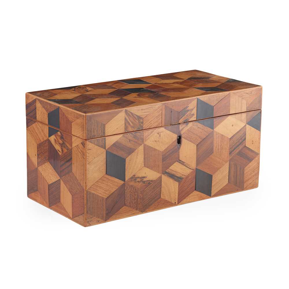 SPECIMEN WOOD PARQUETRY TEA CADDY,