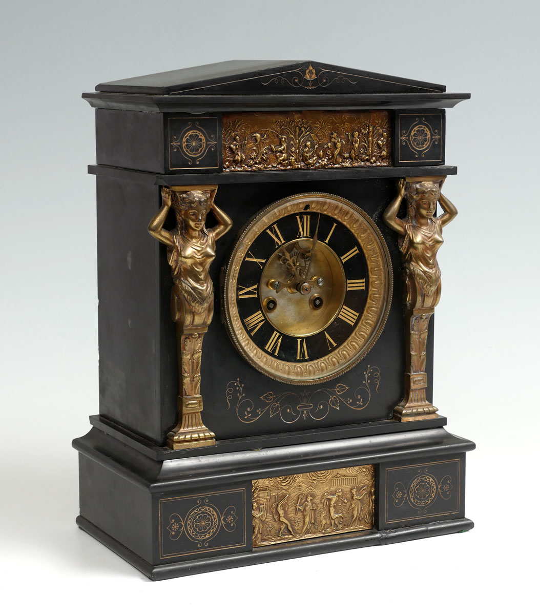 EGYPTIAN REVIVAL SLATE & BRASS CLOCK: