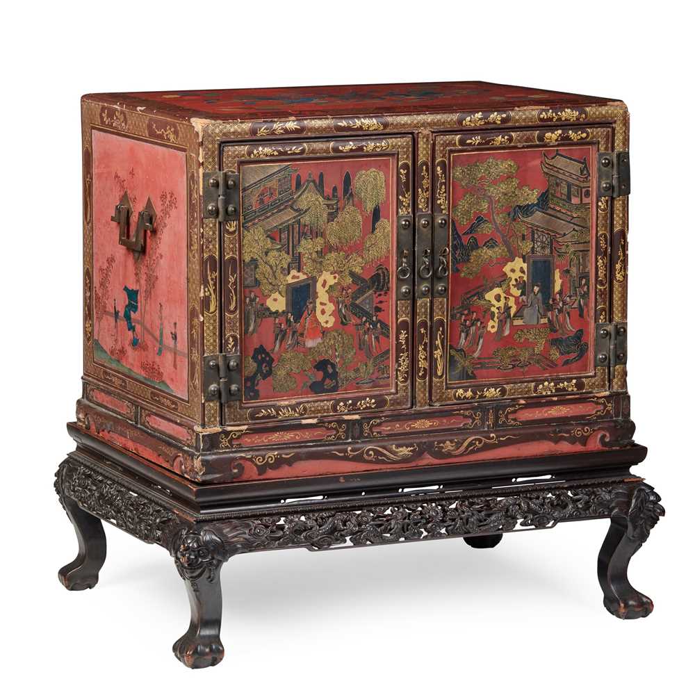 CHINESE RED LACQUER AND GILT CHEST ON STAND 19TH 36e30b