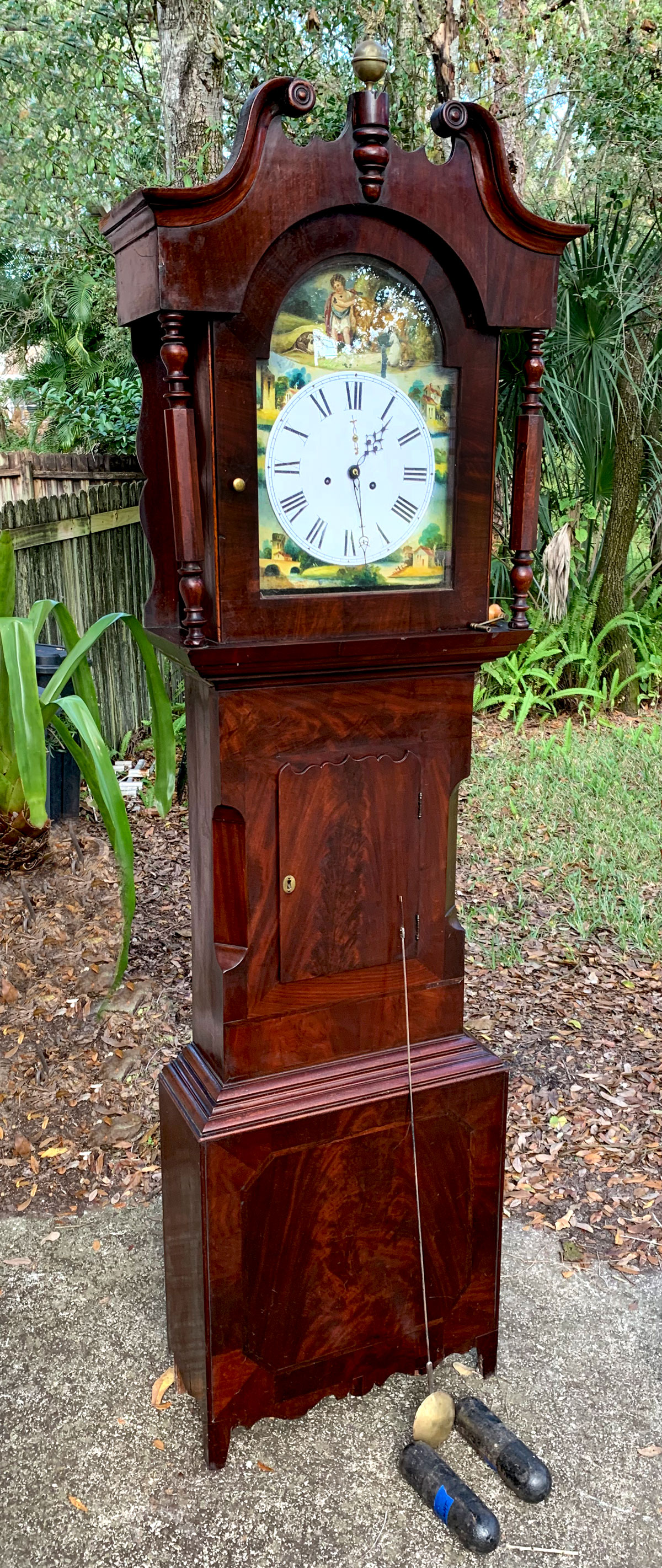 19TH CENTURY LONG CASE CLOCK: Surmounted