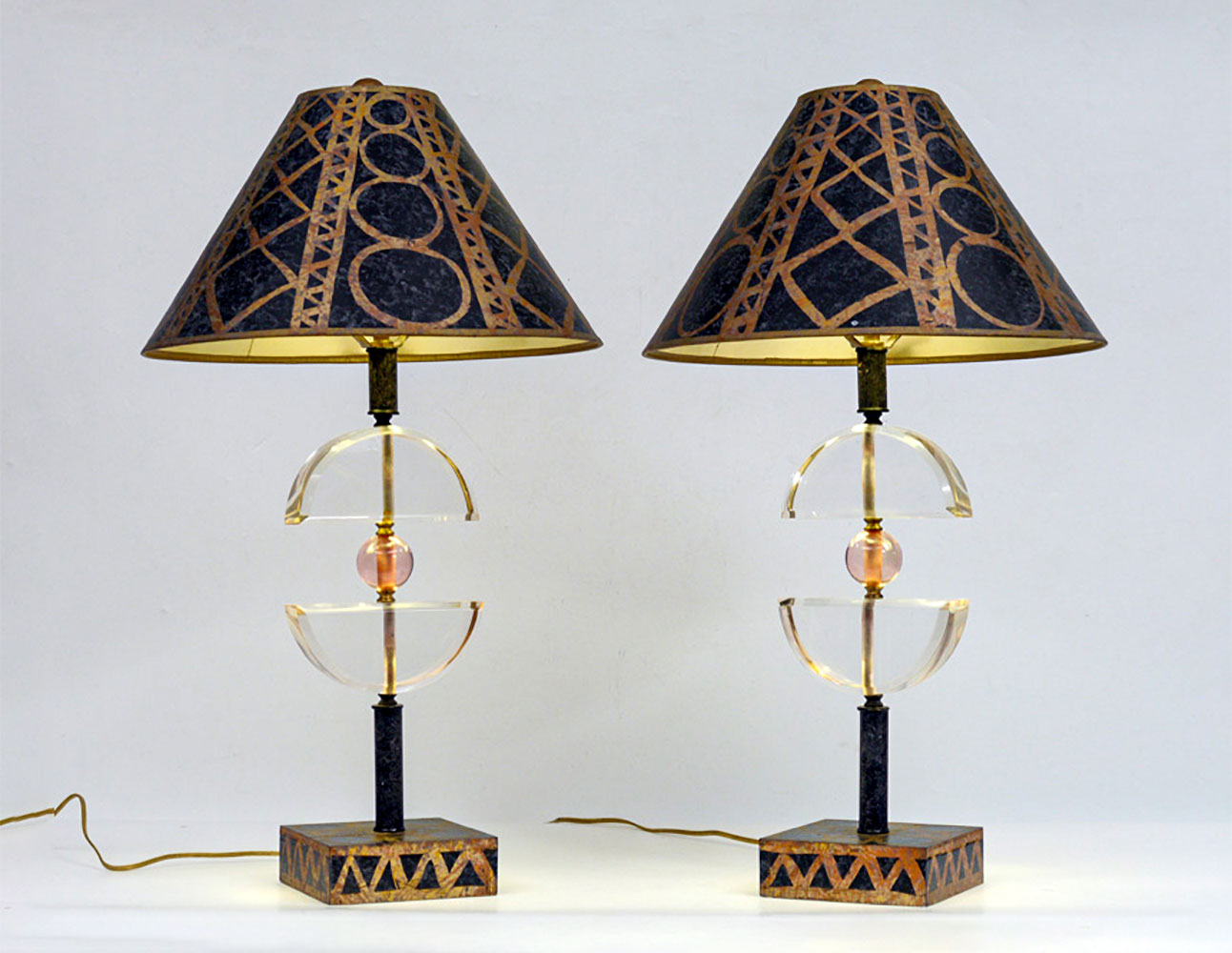 PAIR LUCITE & WOOD LAMPS: Painted