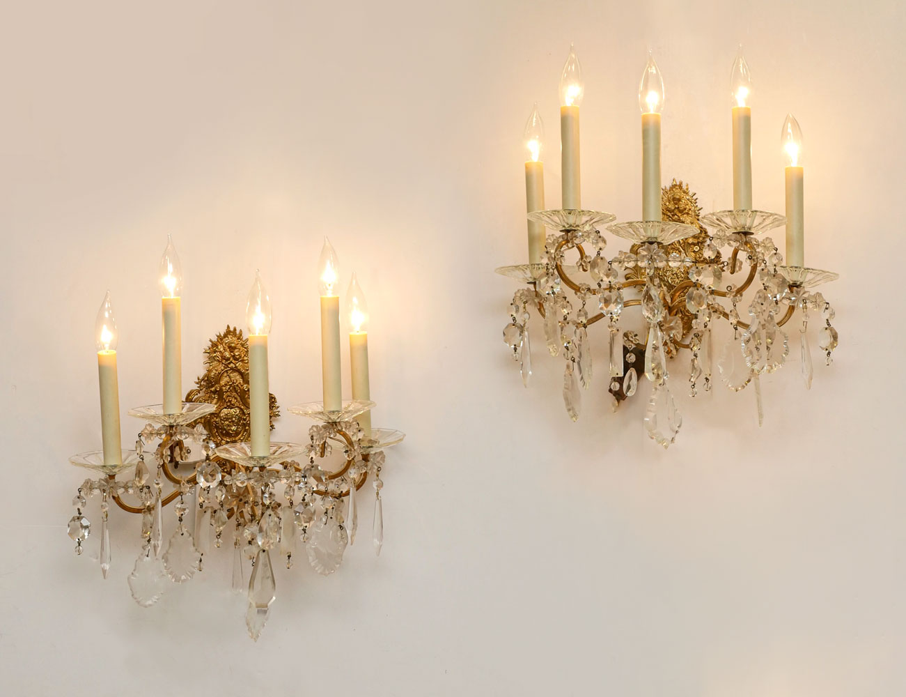 PAIR OF PRISMED BRASS WALL SCONCES: