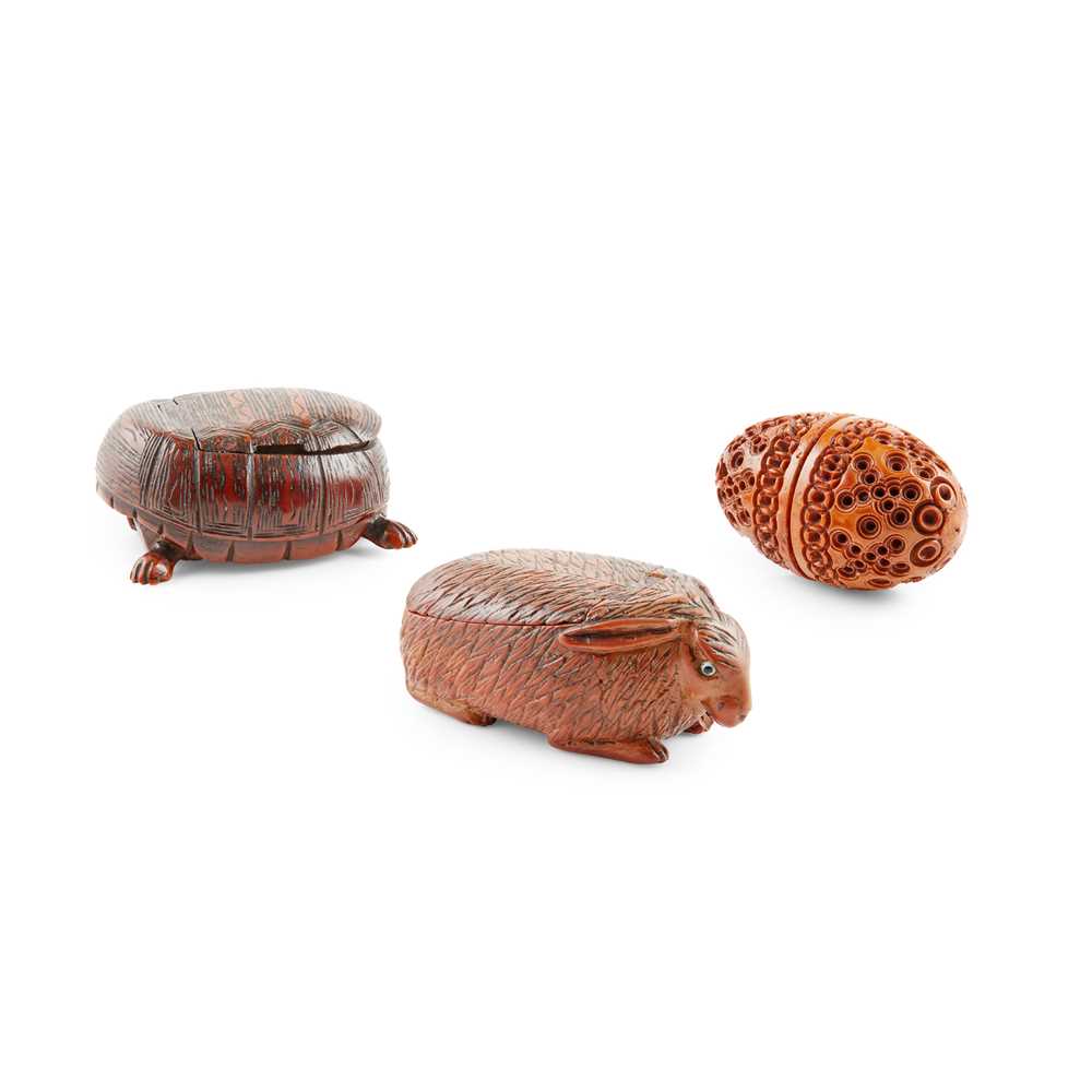 THREE CARVED COQUILLA NUT BOXES
19TH