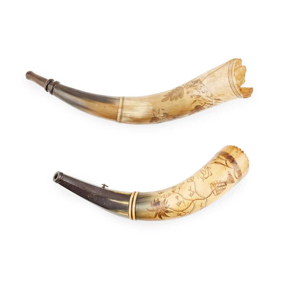 TWO ENGRAVED POWDER HORNS LATE 36e516