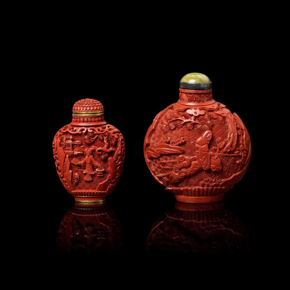 TWO CARVED CINNABAR LACQUER SNUFF