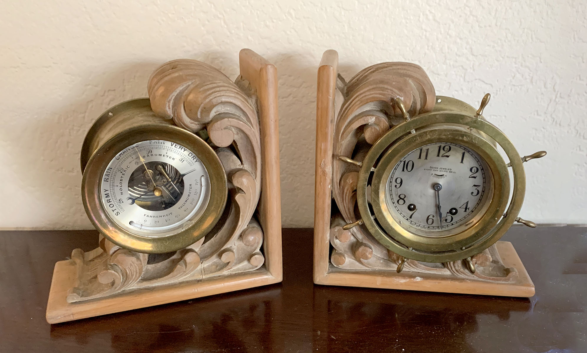 SHIPS CLOCK AND BAROMETER BOOKENDS: