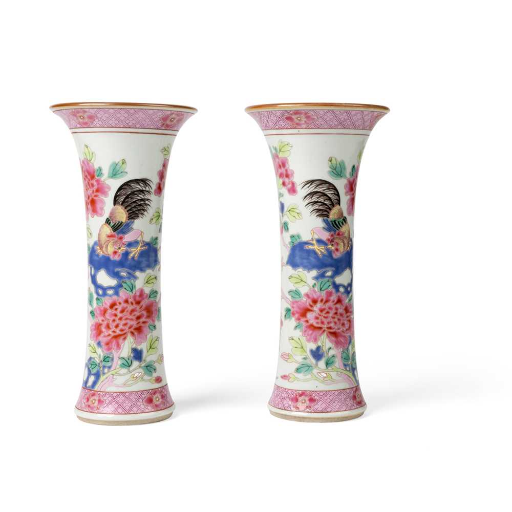 PAIR OF FAMILLE ROSE GU VASES WITH