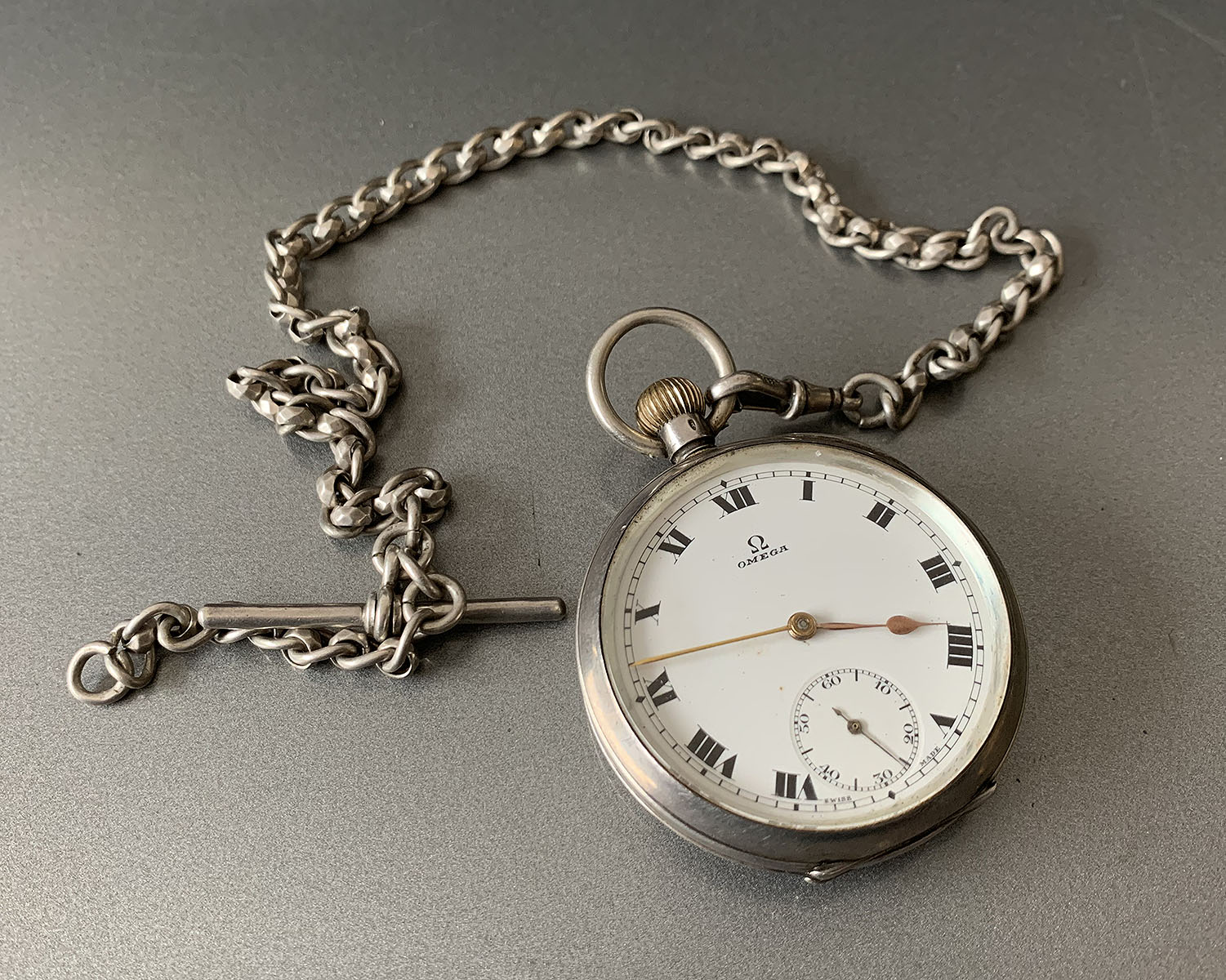 OMEGA STERLING SILVER POCKET WATCH AND