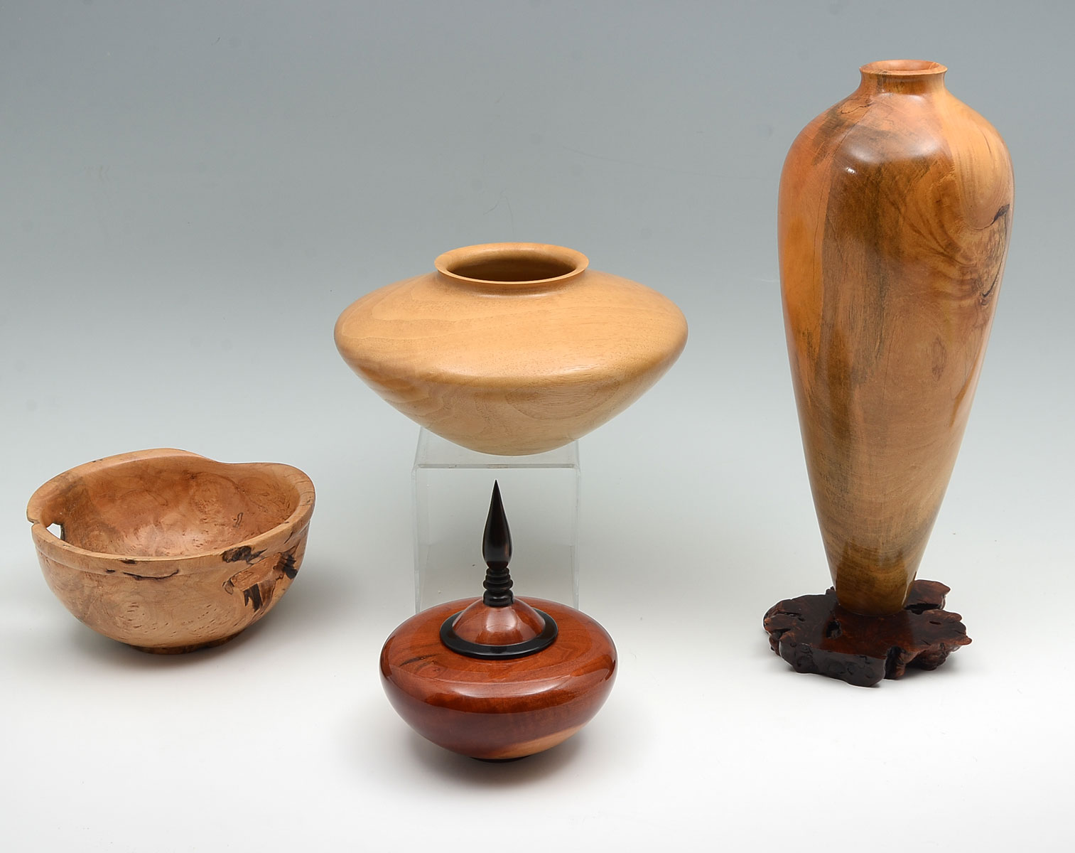 4 PC. ARTISAN TURNED WOOD VASES & BOWL;