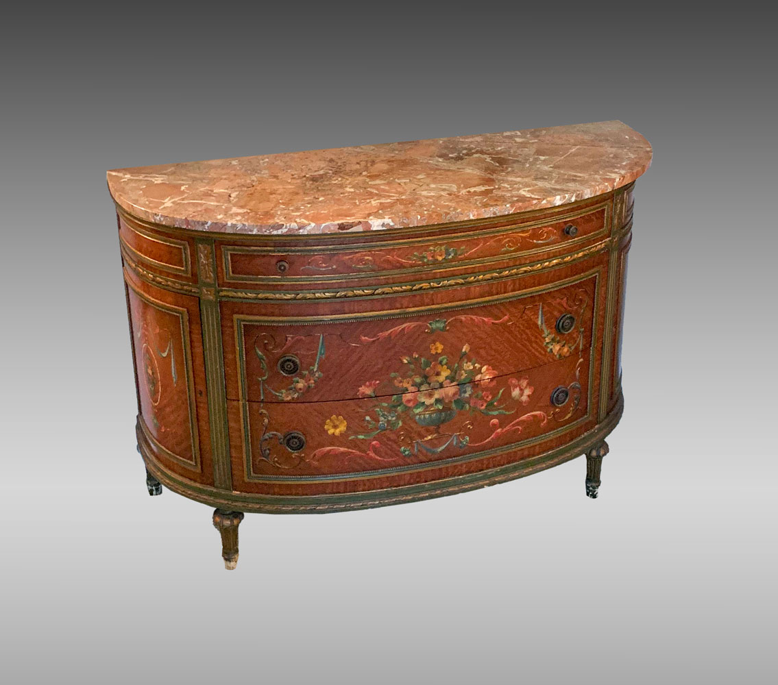 MARBLE TOP DEMILUNE CHEST: 3- drawer,