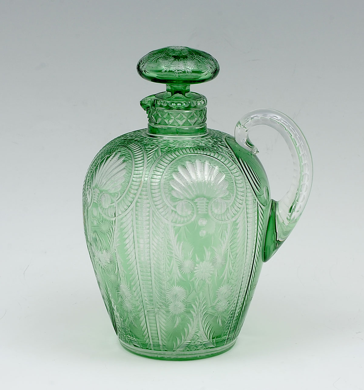 GREEN CUT GLASS JUG ATTRIBUTED