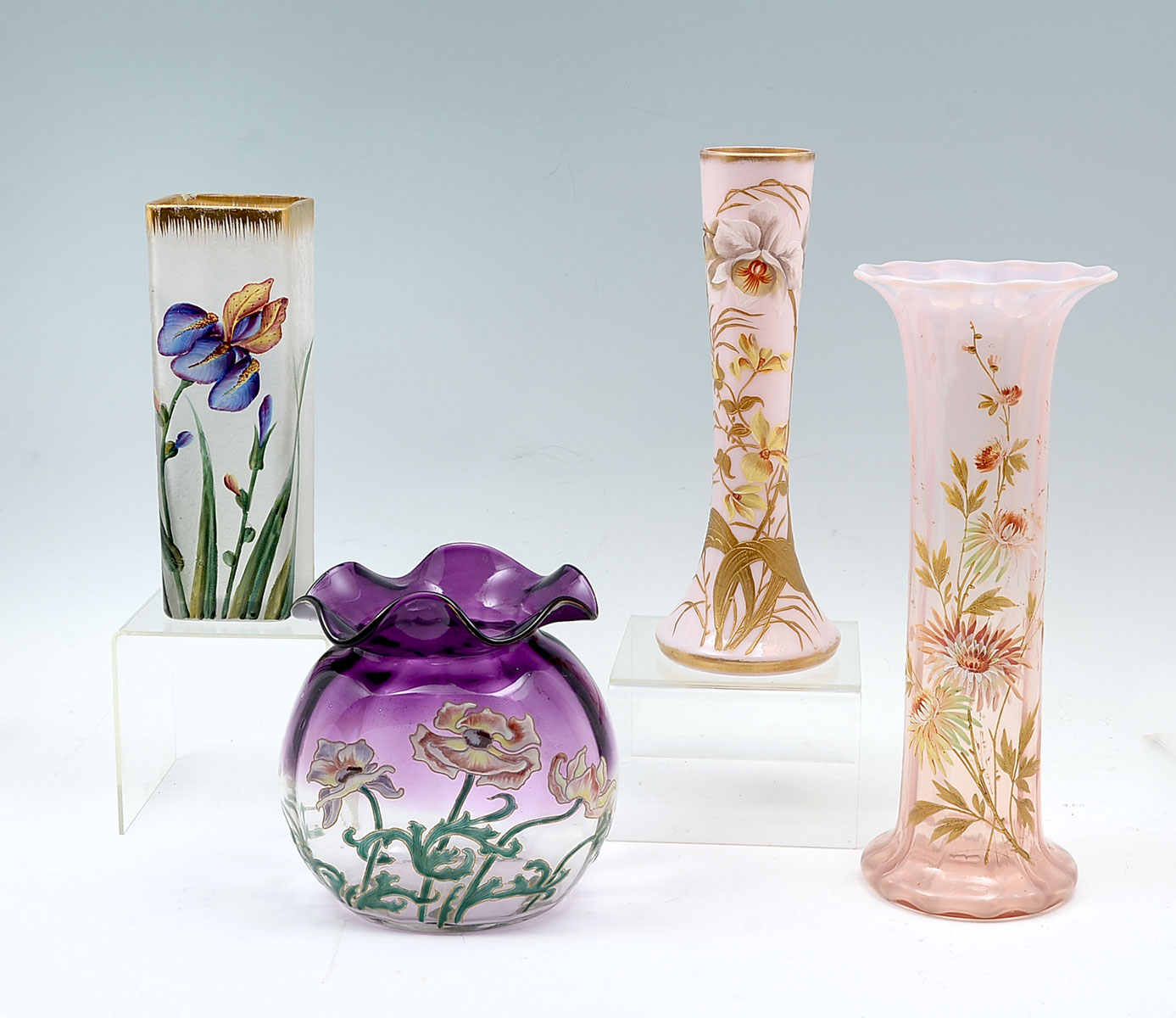 4 PC. ENAMELED ART GLASS COLLECTION: