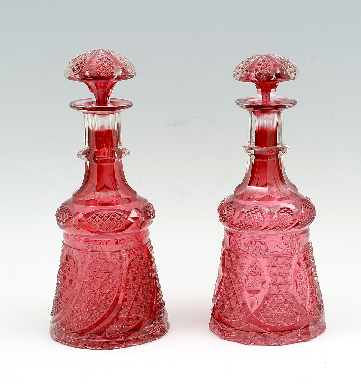 2 RED EAPG CUT GLASS DECANTERS  36ece8