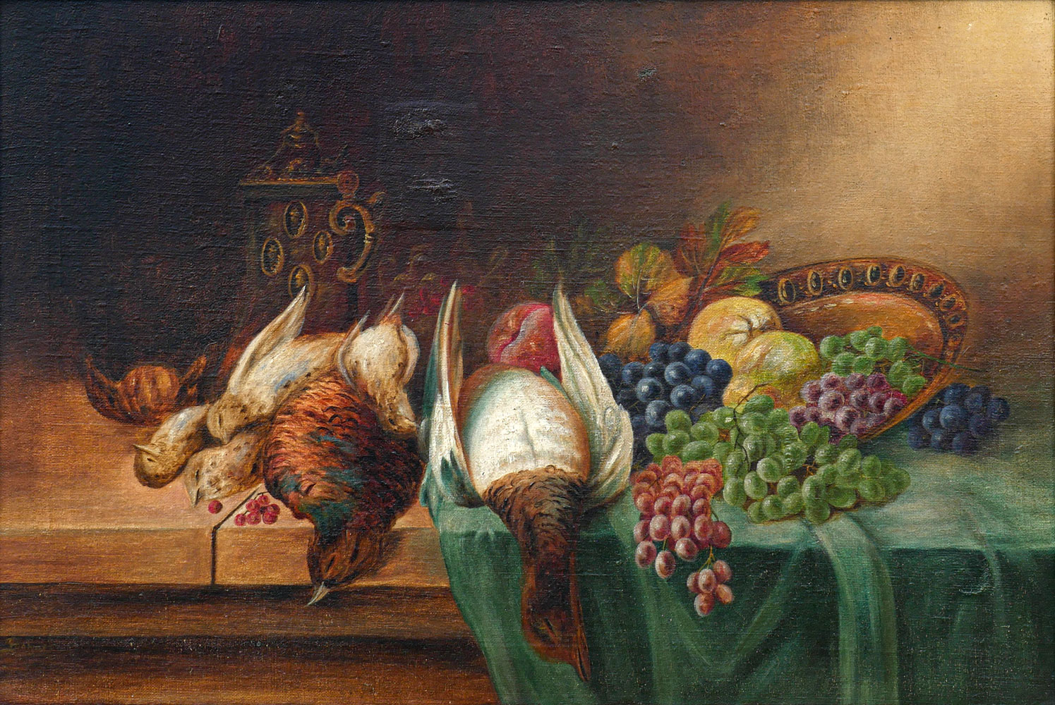 TABLETOP STILL LIFE PAINTING WITH BIRDS,