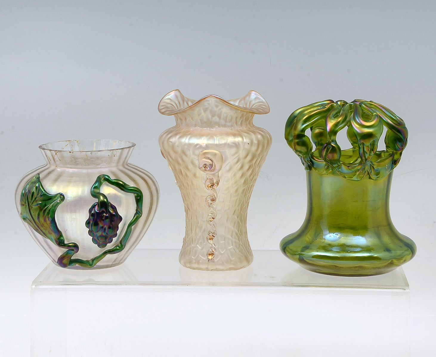 3 PIECE LOETZ ART GLASS VASES: