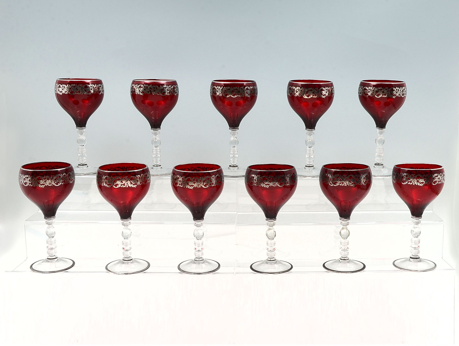 11 RED ROCKWELL WINE GLASSES WITH SILVER