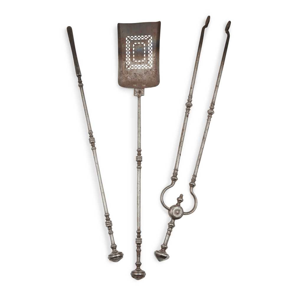 SET OF STEEL FIRE TOOLS AND ANDIRONS
19TH