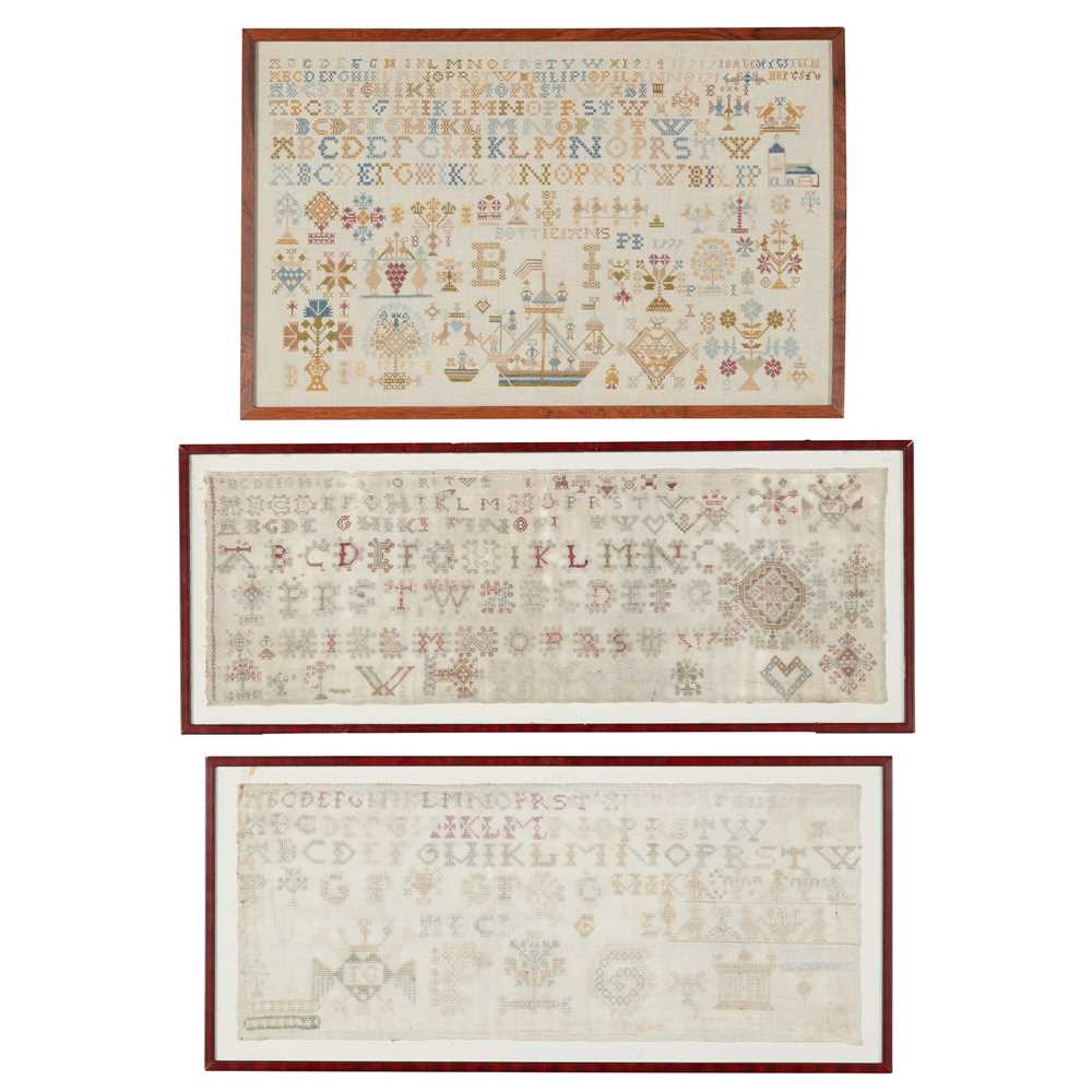 THREE NEEDLEWORK ALPHABET SAMPLERS TWO 36eded