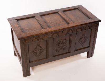 A Jacobean chest with hinged panelled 36c802