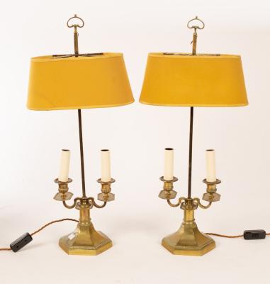 A pair of brass two-branch table lamps,