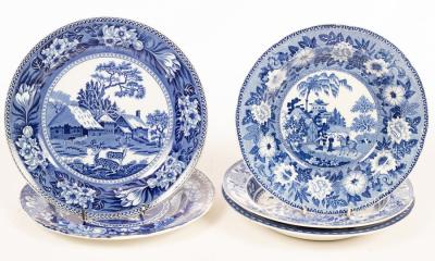 Five English blue and white bowls,