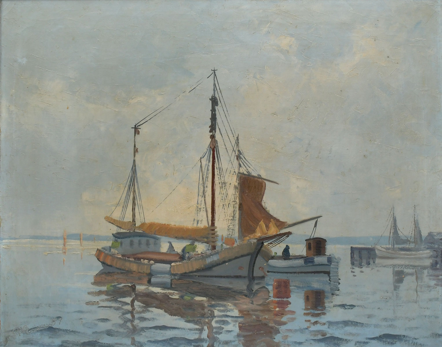 ILLEGIBLY SIGNED HARBOR SCENE PAINTING: