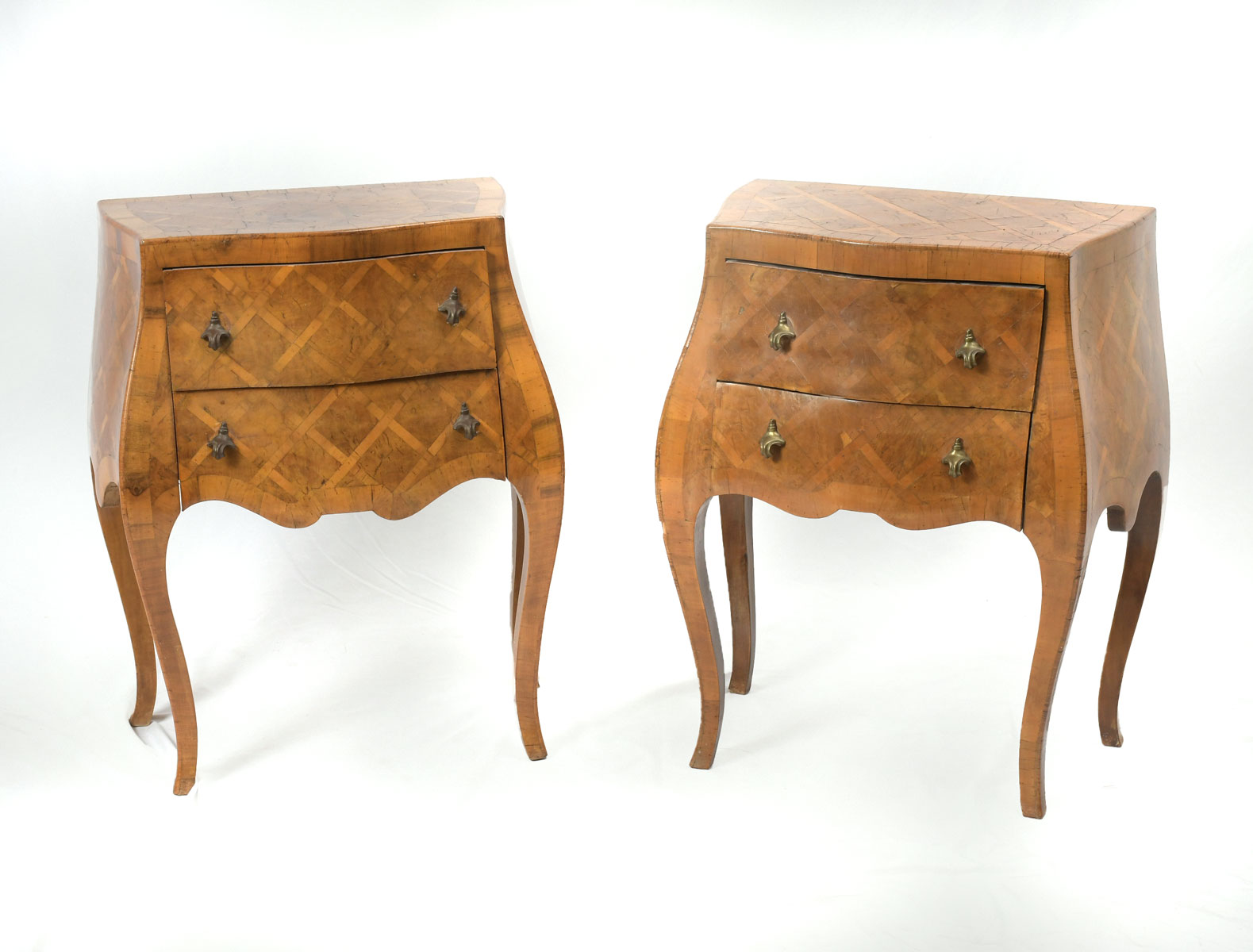 PAIR OF PARQUETRY BOMBE 2 DRAWER