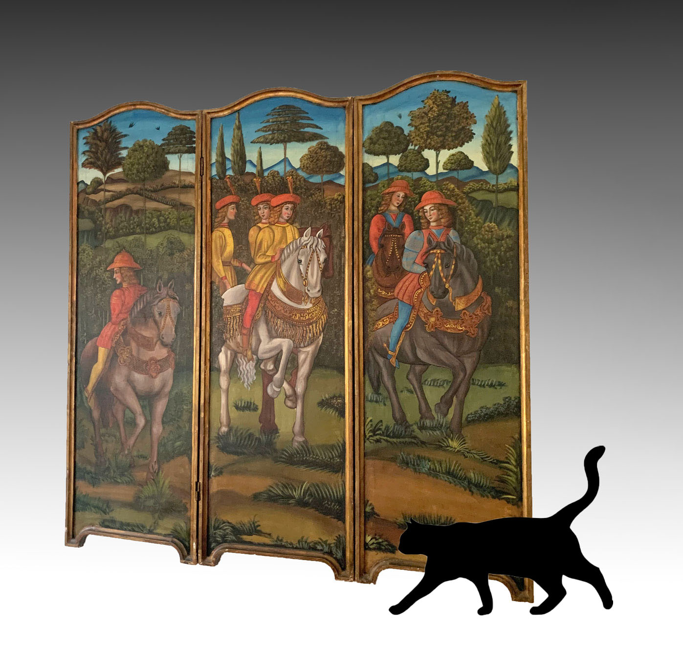 PAINTED 3 PANEL FIGURAL SCREEN: