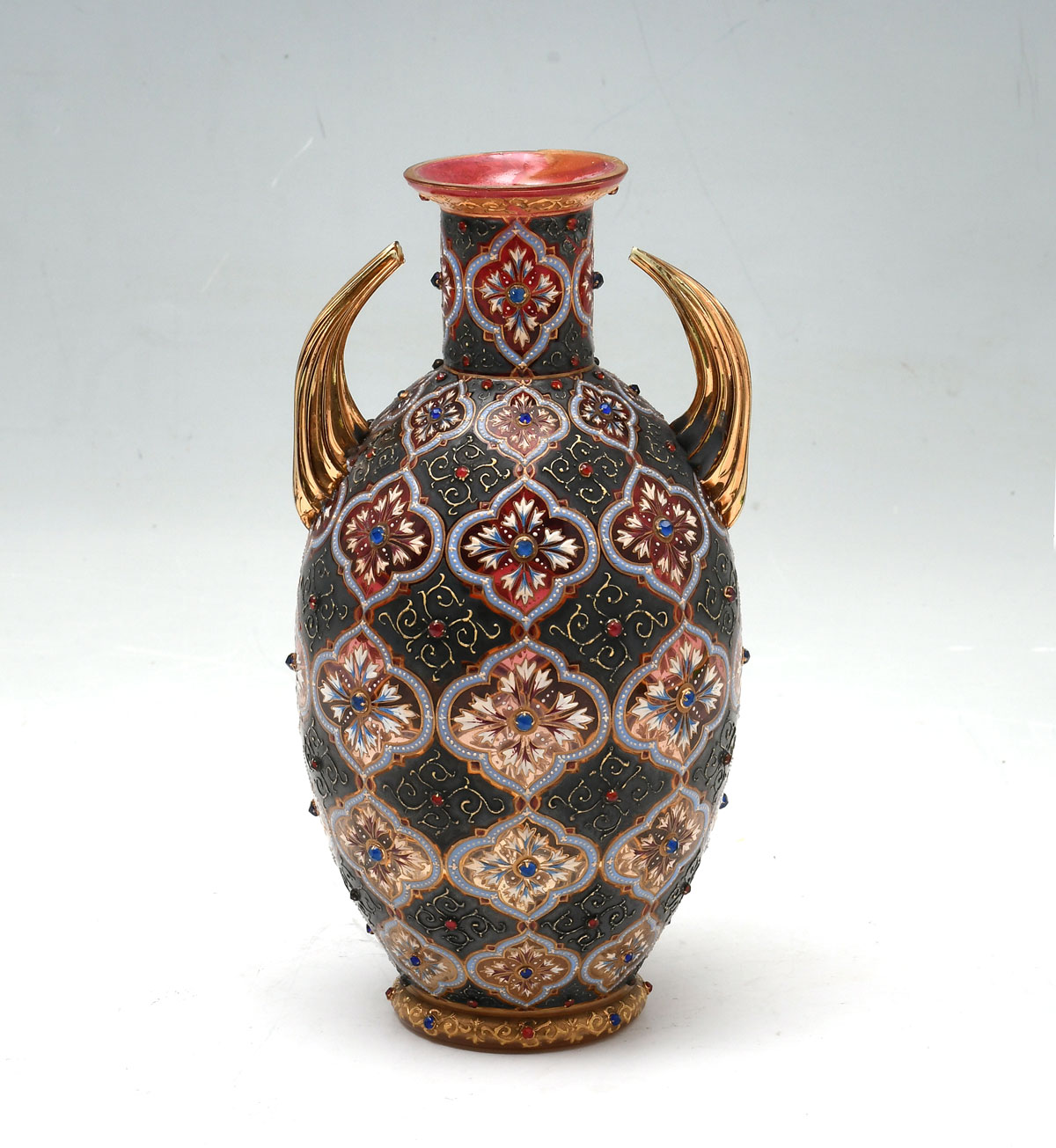 ENAMELED & JEWELED MOSER GLASS VASE: