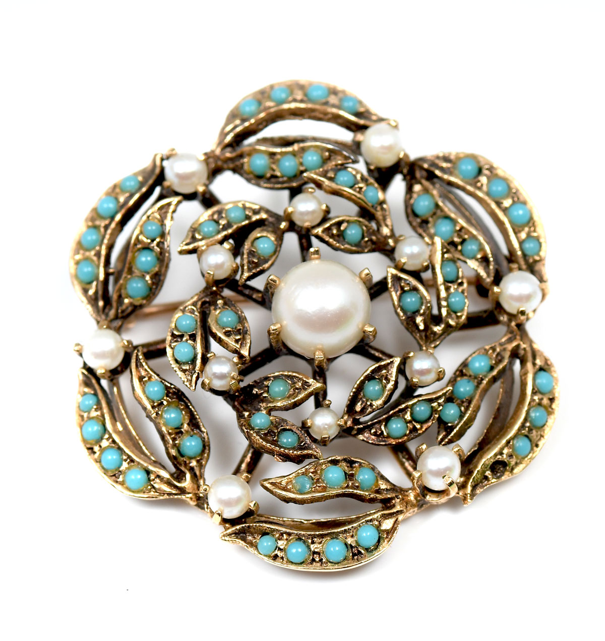 14K PEARL TURQUOISE PENDANT BROOCH  36ca76