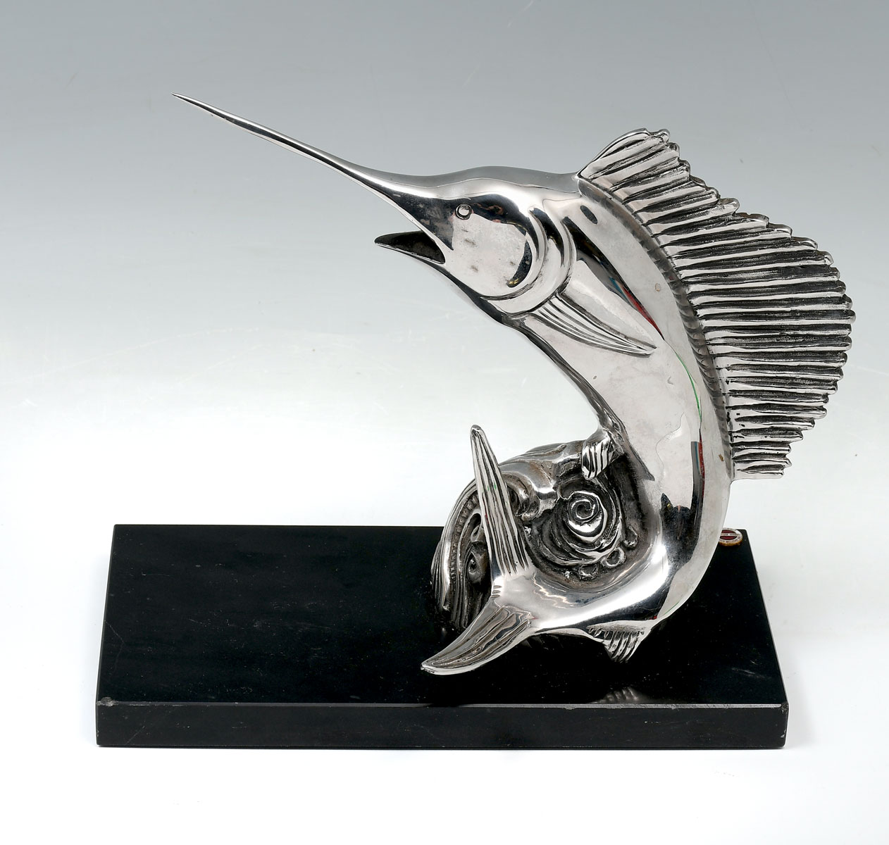 SILVERED METAL SWORDFISH SCULPTURE: