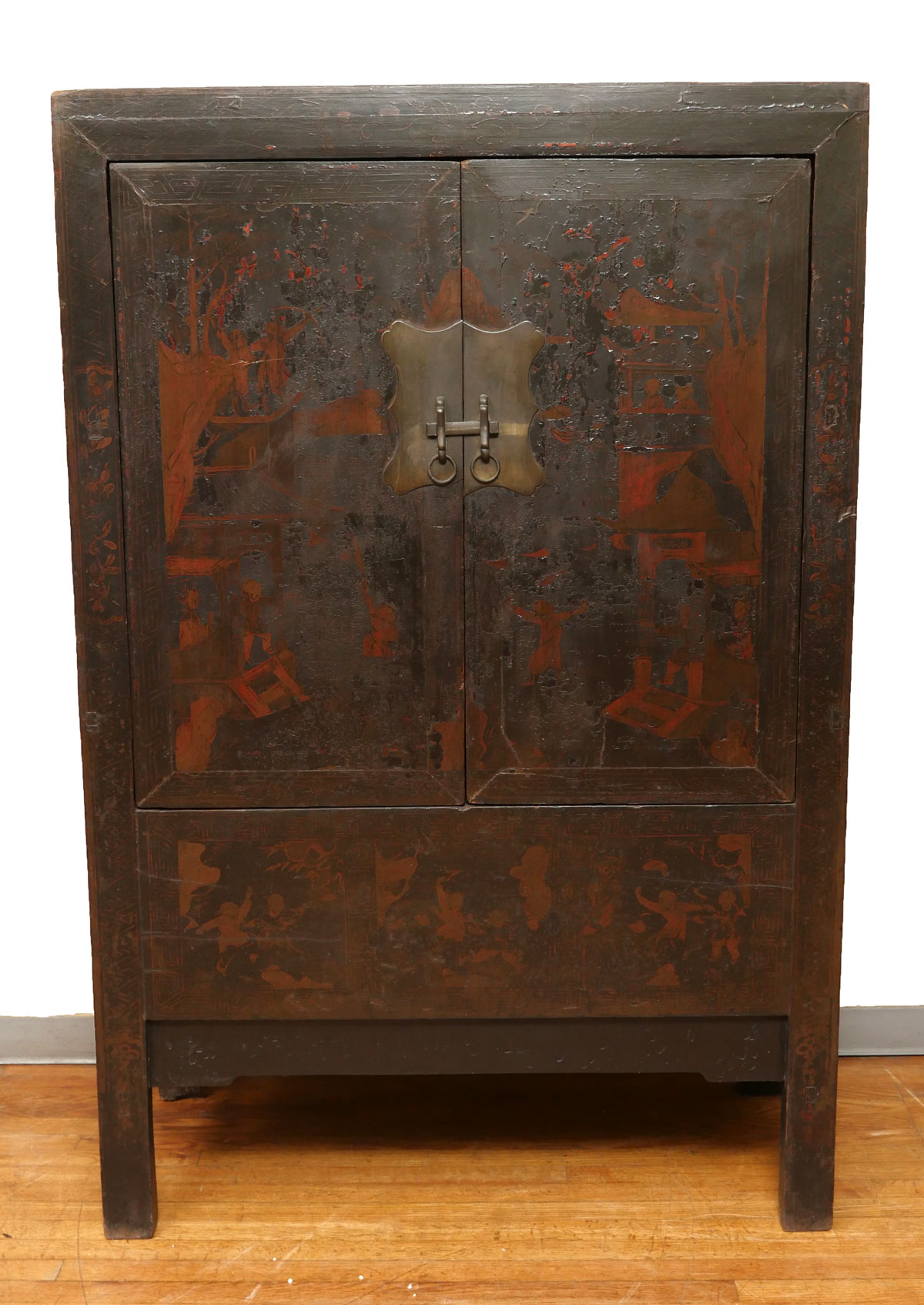 TALL EARLY 2 DOOR RED LACQUER CABINET: