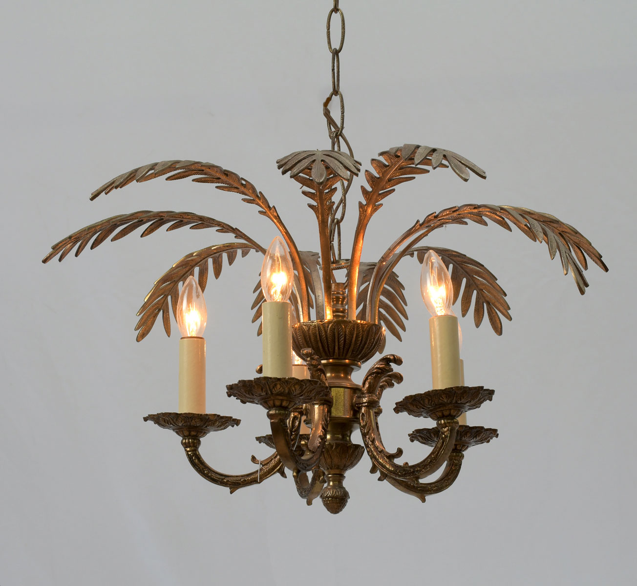 5 LIGHT BRASS PALM TREE CHANDELIER: