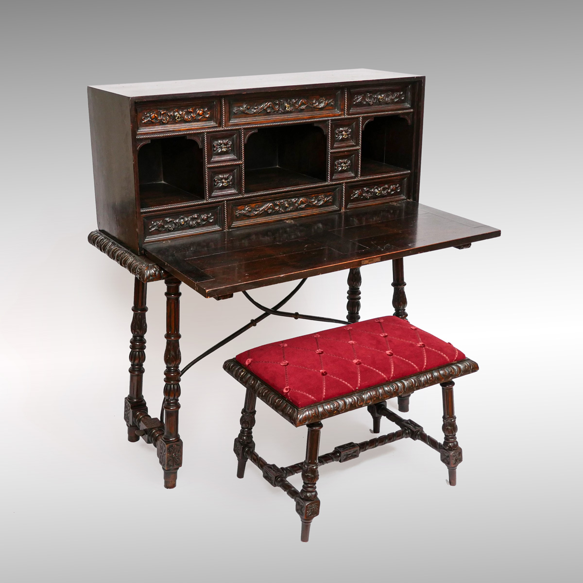 CARVED VARGUENO DESK WITH BENCH: