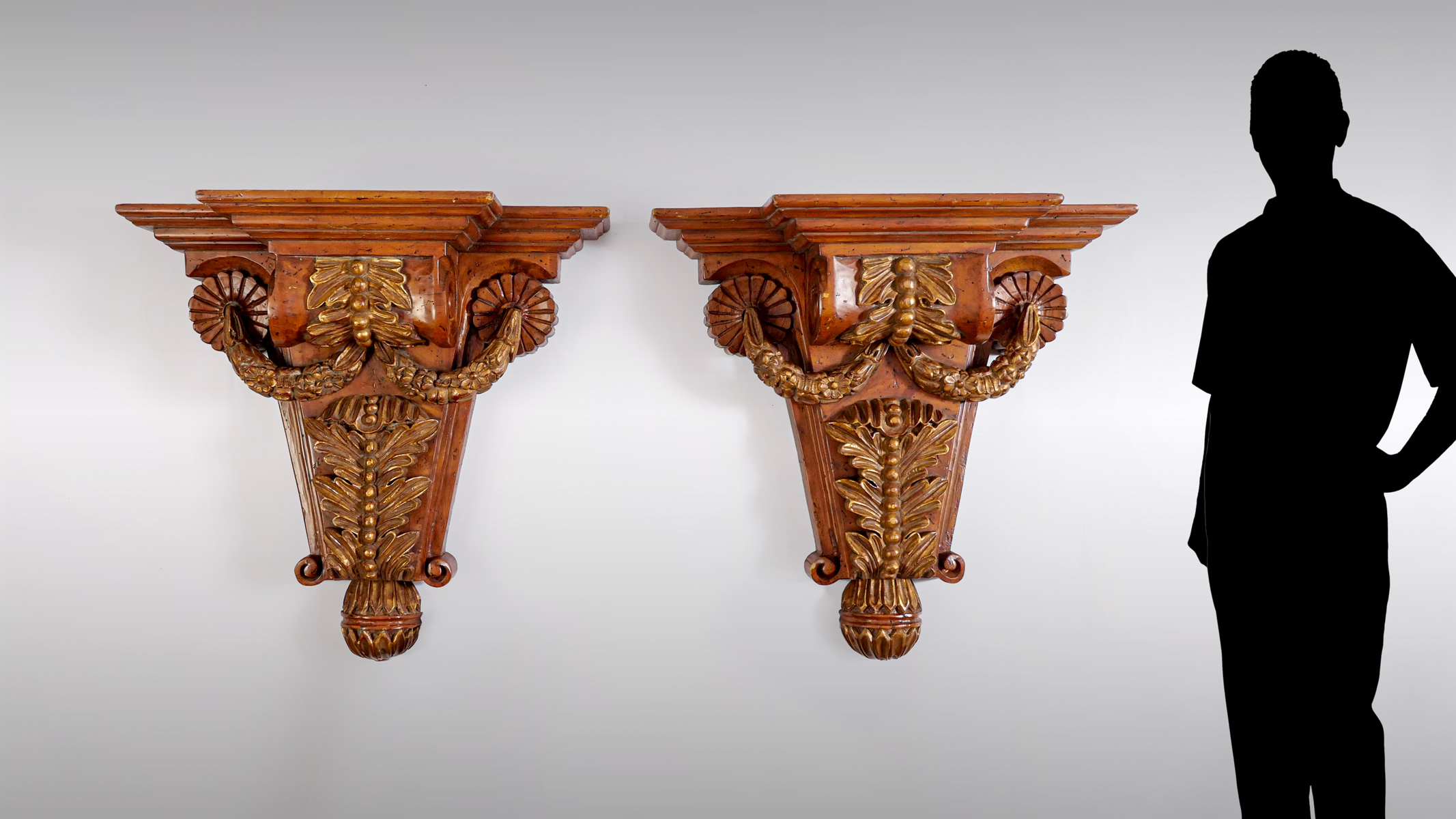 PAIR OF PALATIAL CARVED WALL SCONCES: