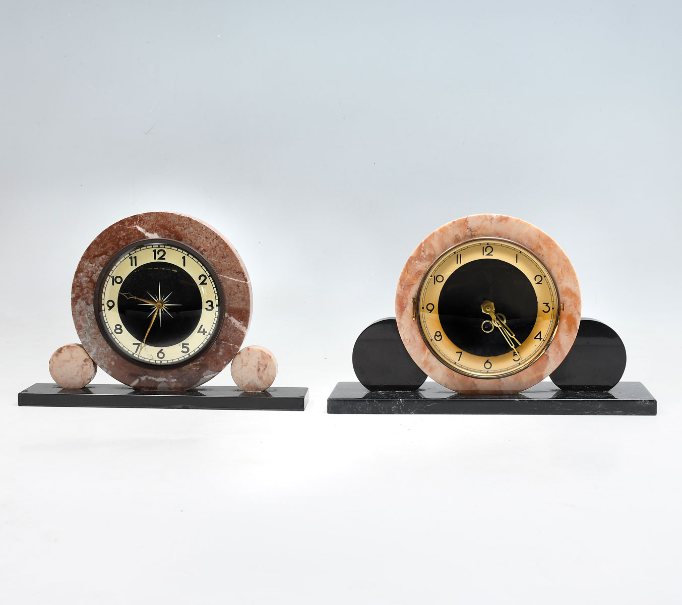 PAIR OF FRENCH DECO MARBLE CLOCKS: