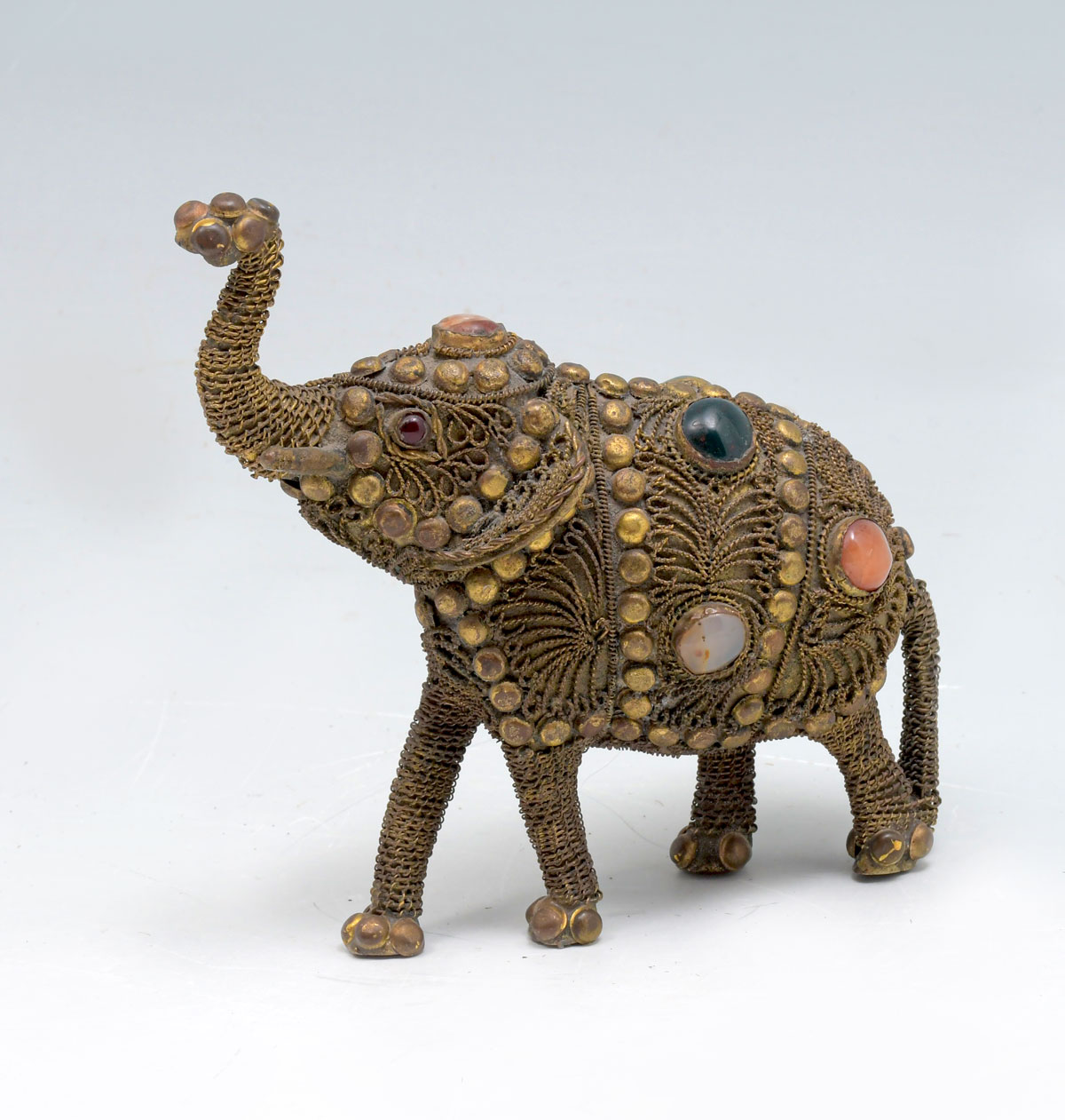 GILT FILAGREE JEWELED BRONZE ELEPHANT: