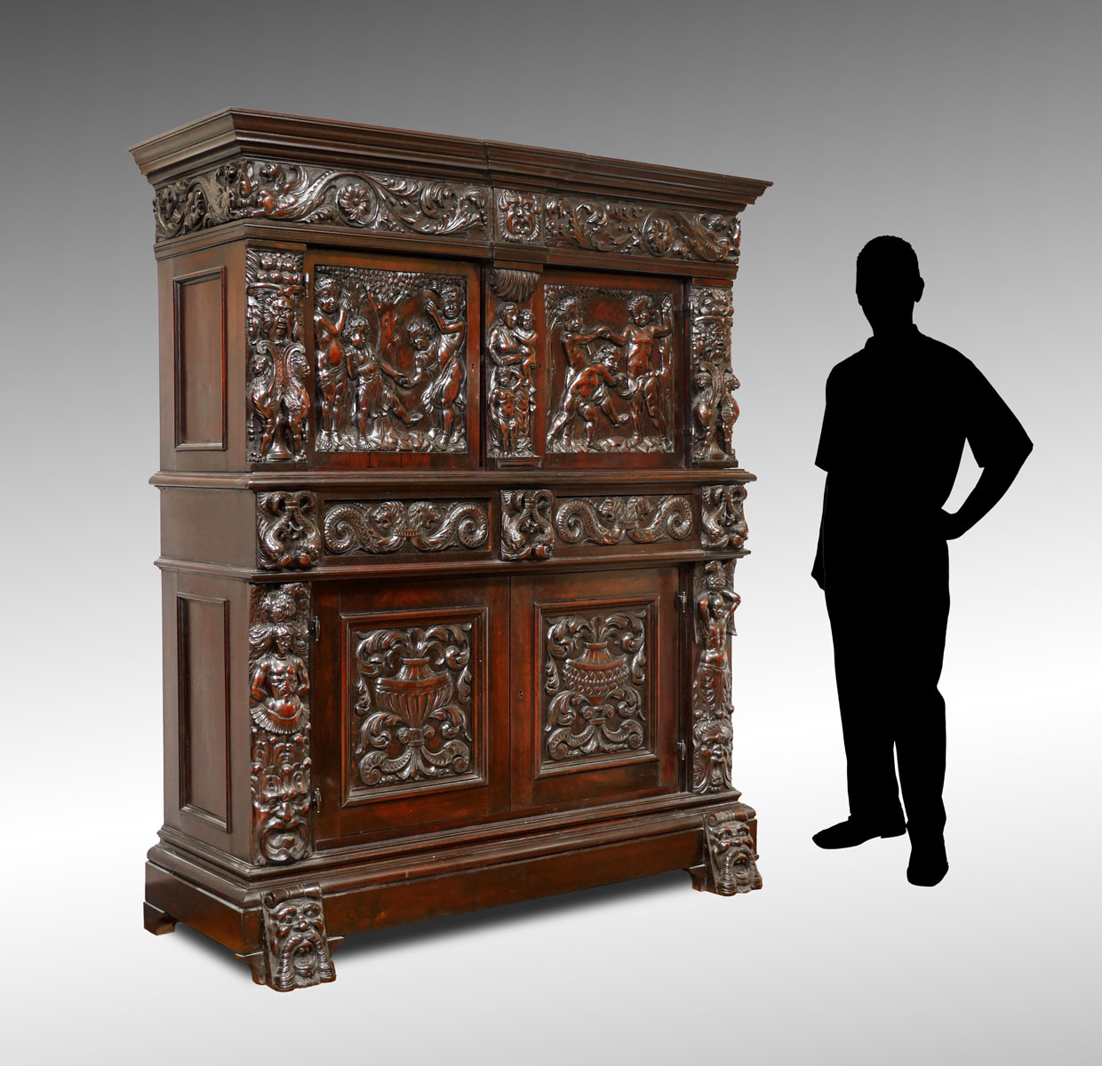 19TH C. CARVED 4 DOOR STEPBACK CUPBOARD/WINE