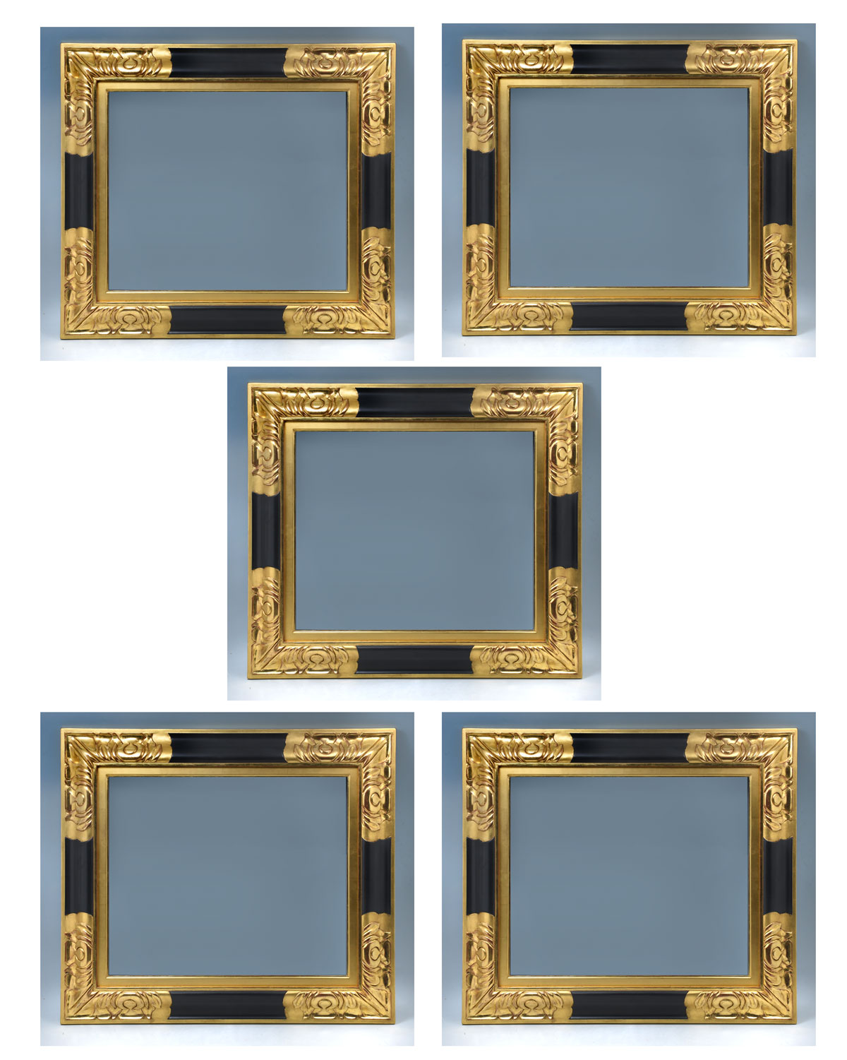 5 MATCHING CARVED AND GILDED FRAMES: