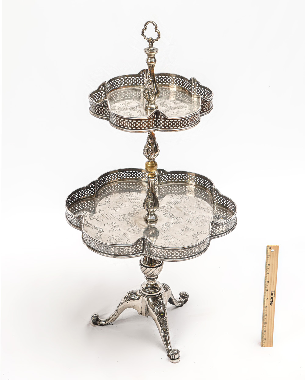 ENGRAVED TWO-TIER SILVER-PLATE TEA CADDY: