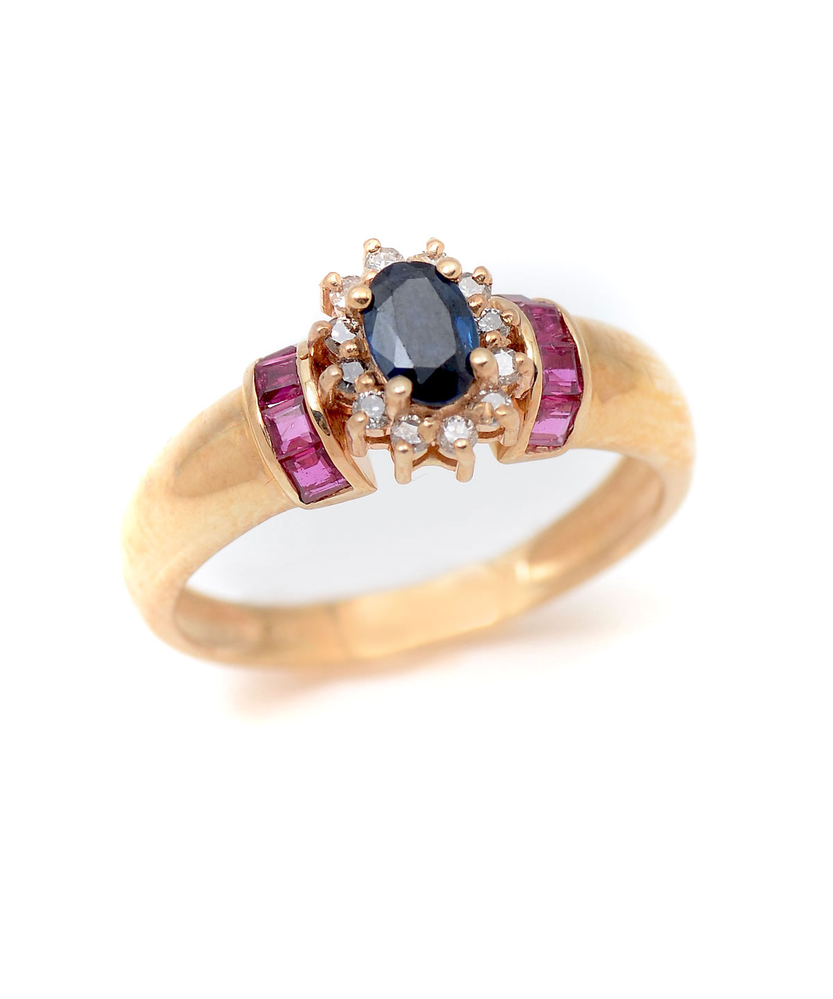 14K SAPPHIRE, RUBY & DIAMOND RING: