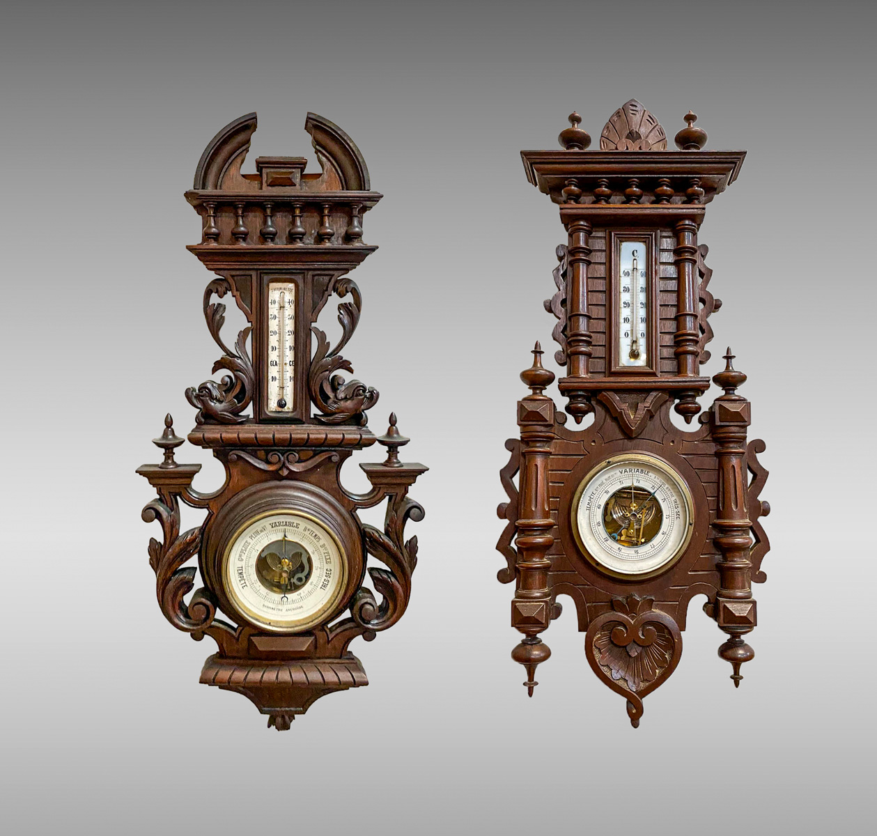 LOT OF 2 VICTORIAN CARVED WALNUT BAROMETERS: