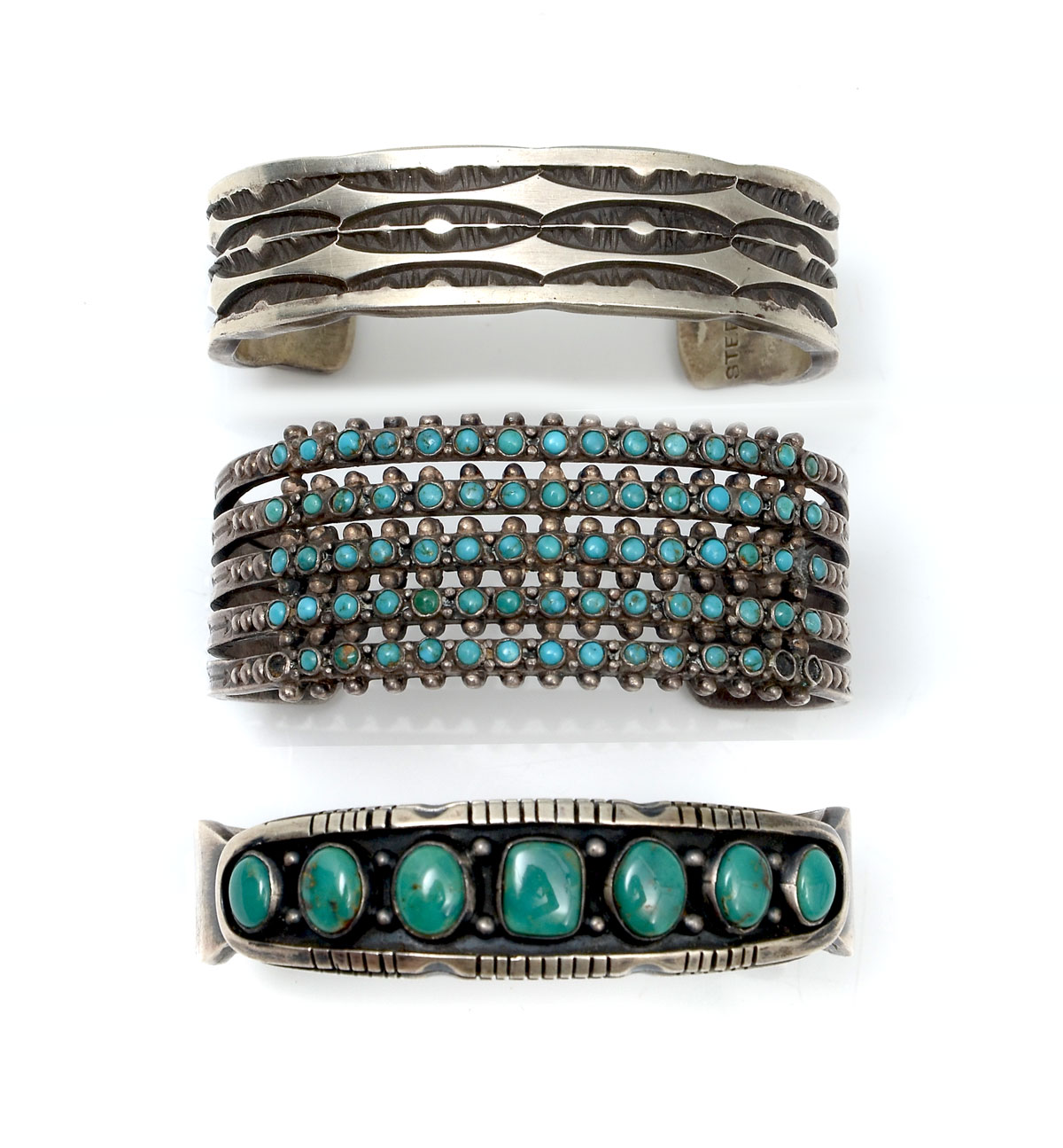 3 AMERICAN INDIAN SILVER CUFF BRACELETS: