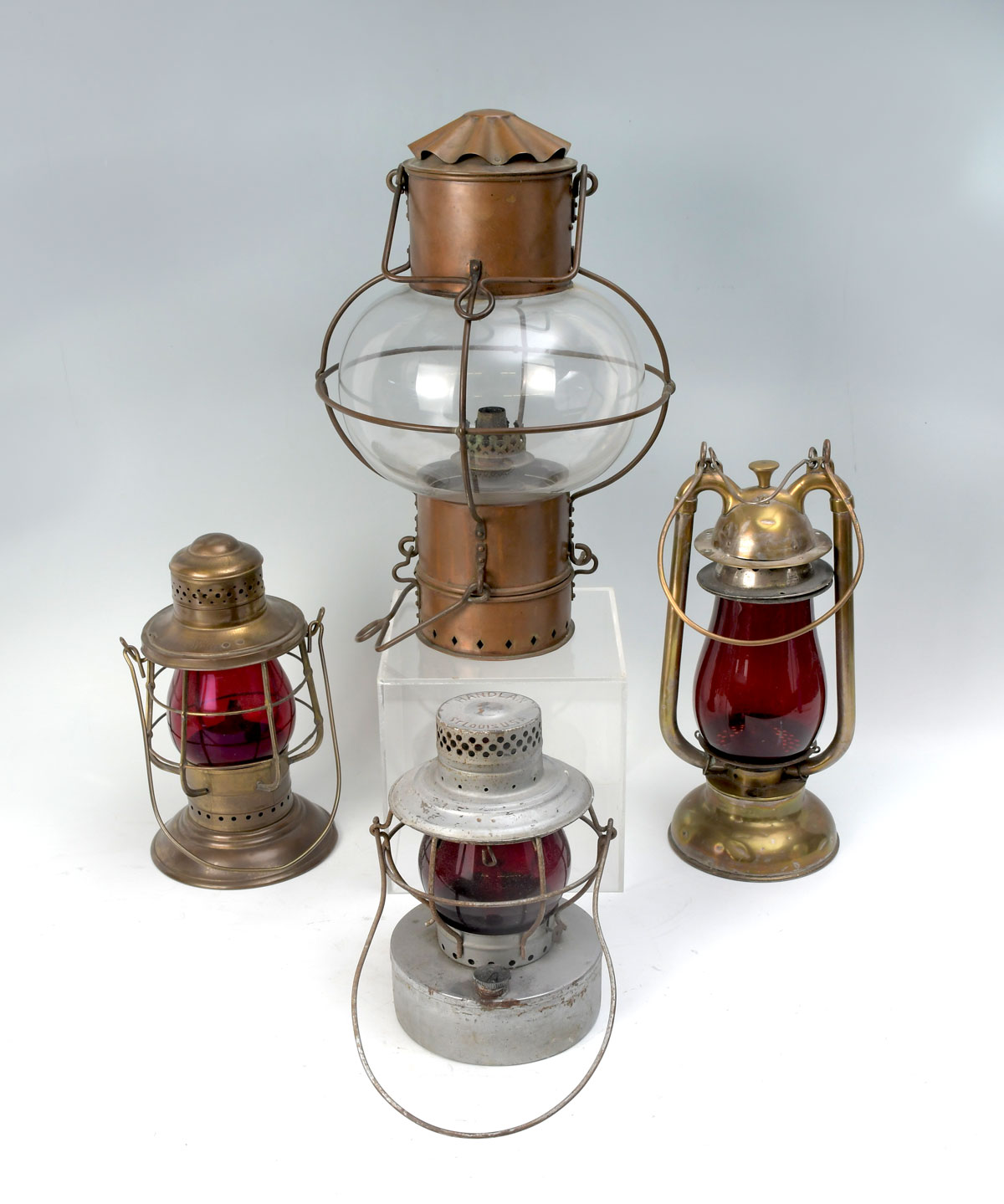 4 PC. GLASS SHIP LAMPS & LANTERNS: