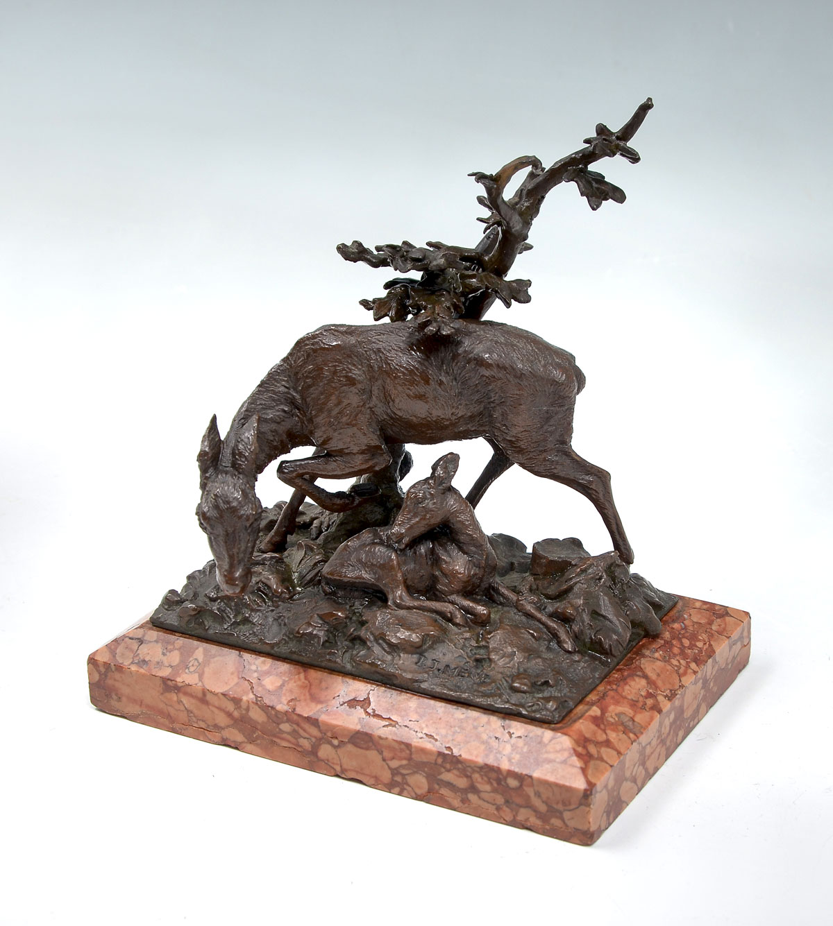 BRONZE DOE AND FAWN SCULPTURE SIGNED 36d16b