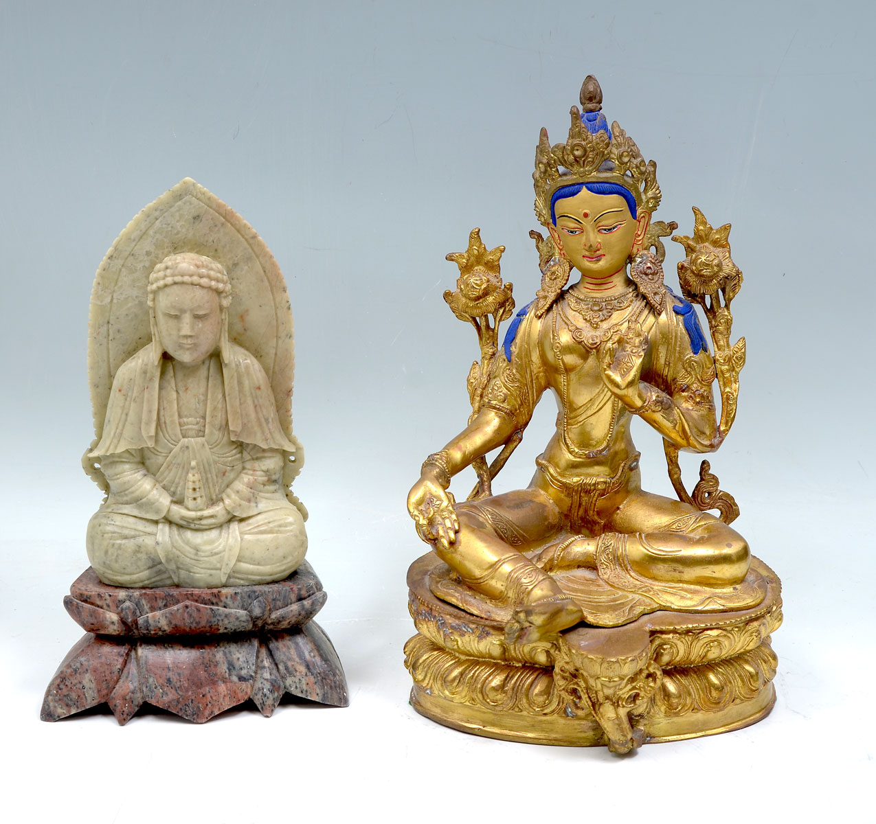 2 PC. GILT BRONZE AND SOAPSTONE DEITIES: