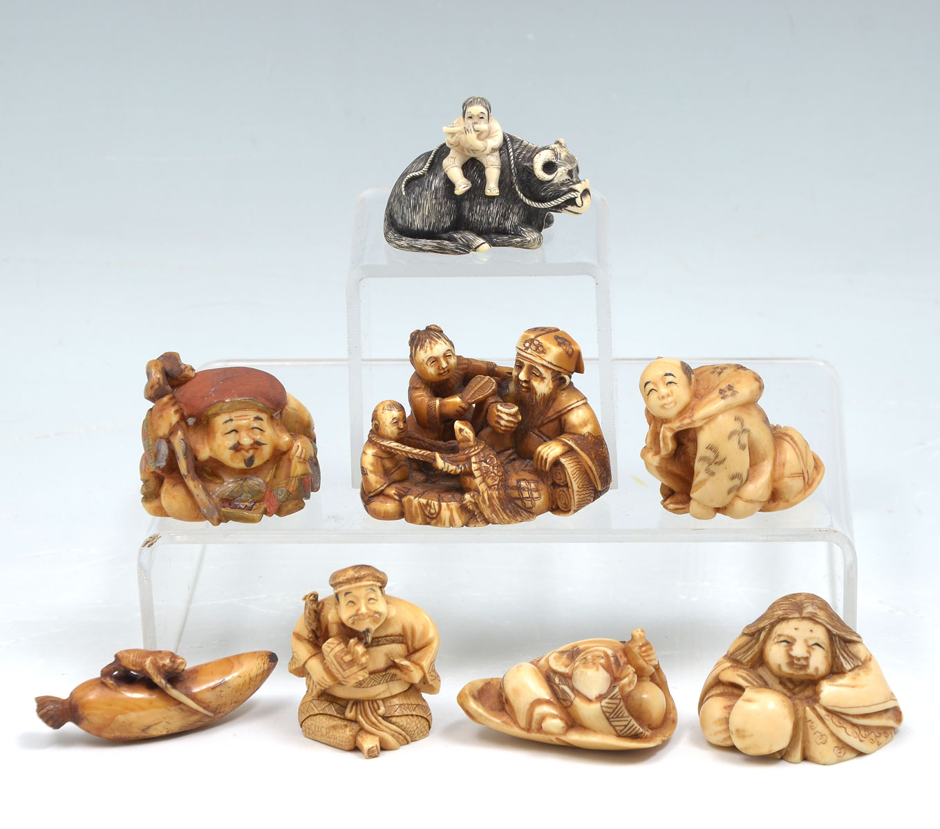 8 PC. CARVED IVORY FIGURAL NETSUKES: