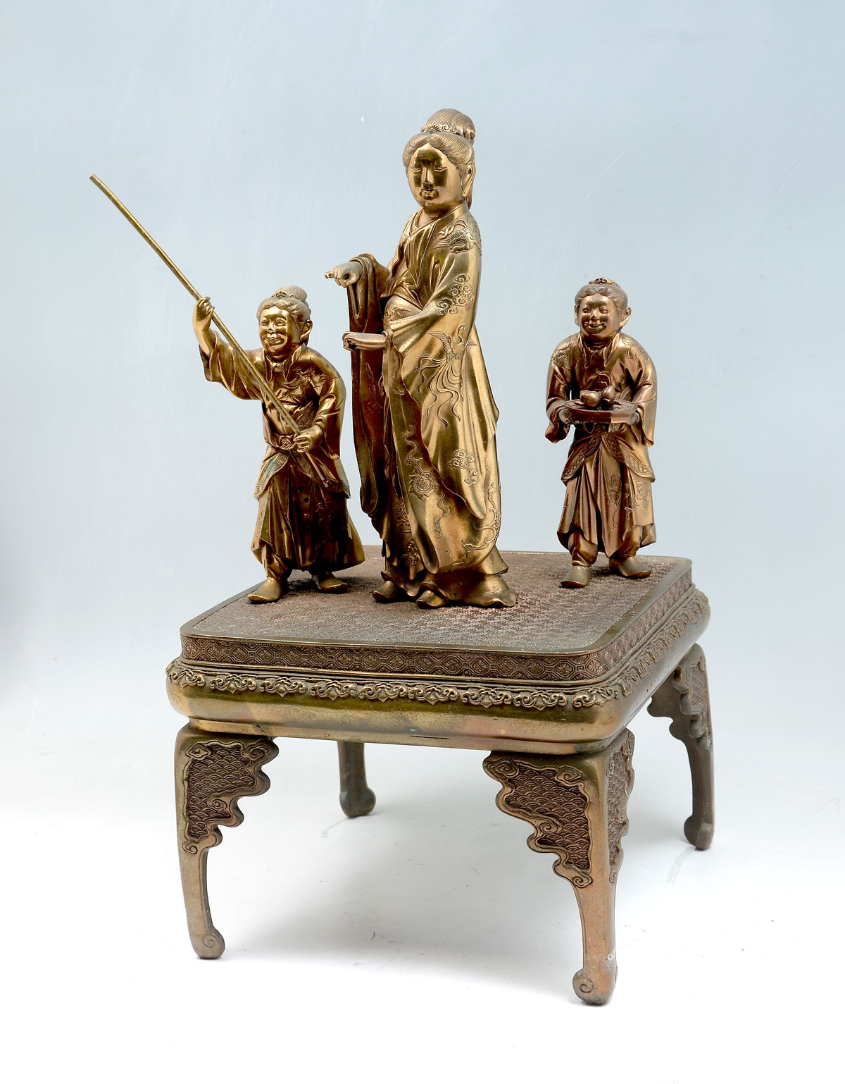 3 CHINESE BRONZE FIGURES ON STAND: