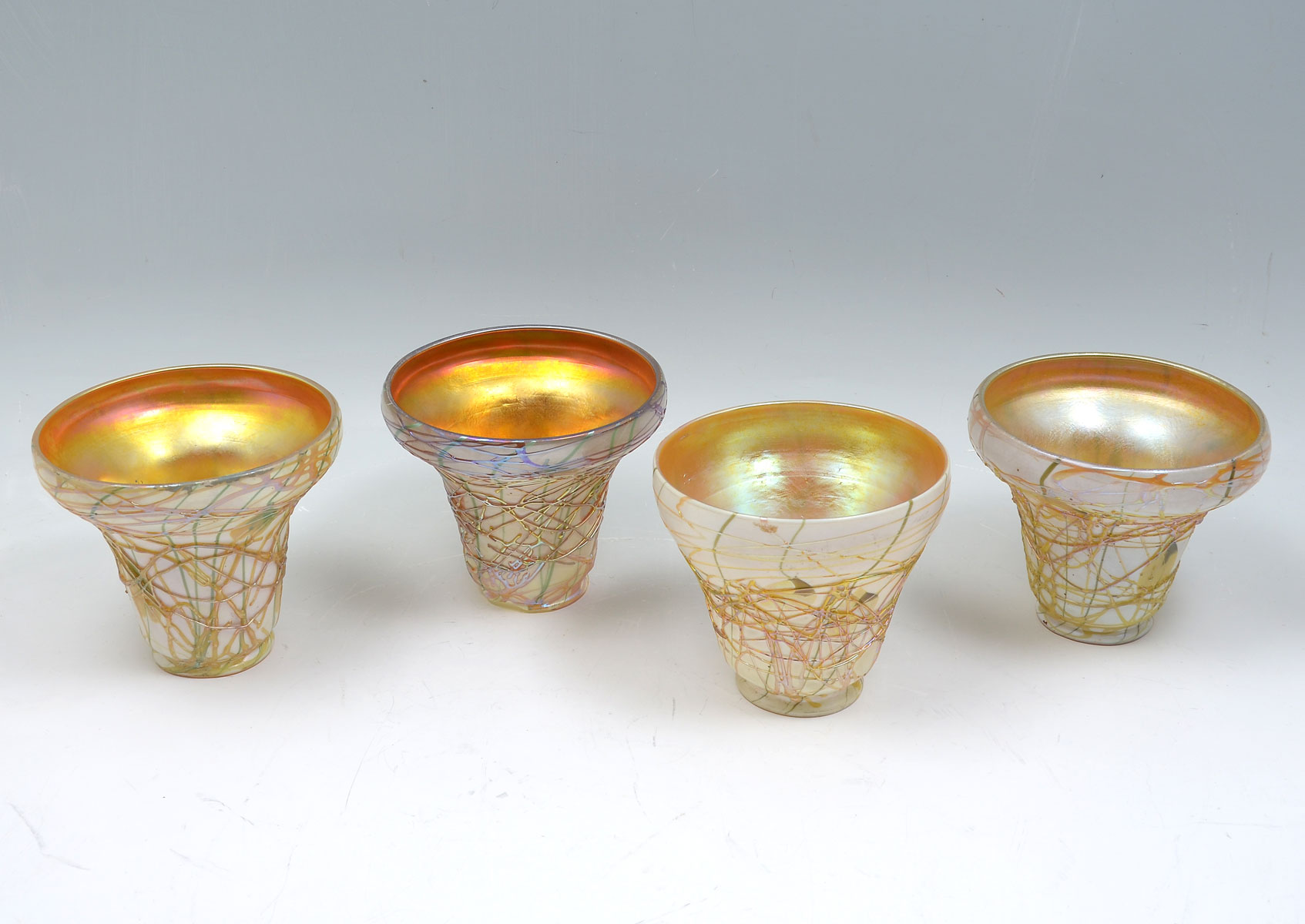 4 THREADED ART GLASS SHADES ATTRIBUTED