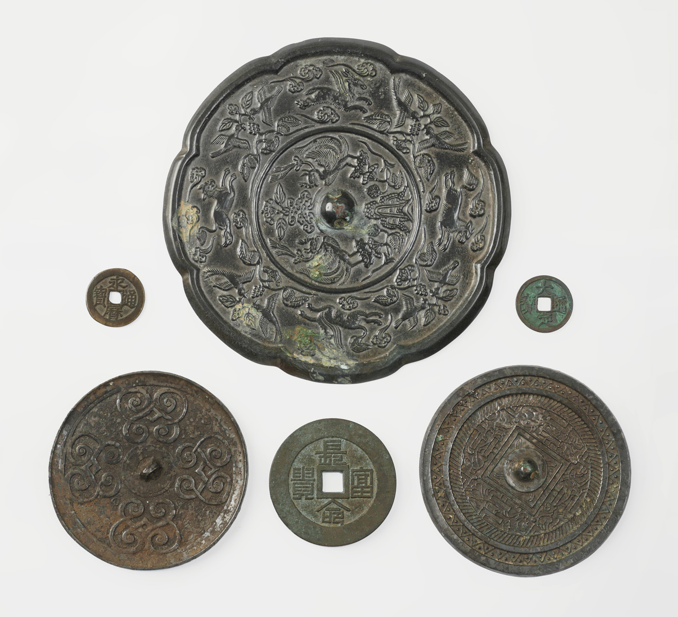 6 PC. CHINESE MIRRORS AND COINS: